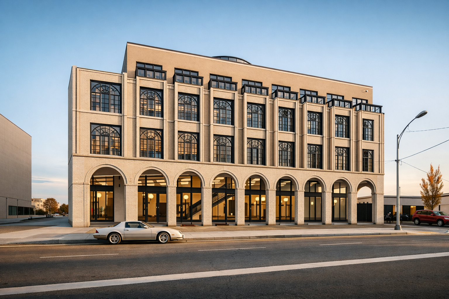 Threads of the City — west facade at dusk